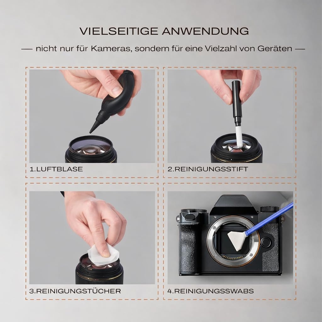 C Coiro Kamera Reinigungsset für DSLR und empfindliche Elektronik, 9-in-1 Objektivreiniger-Spray, Kamerastift, Gebläse, Tücher, Sensorreiniger, Fotografen Geschenke & Kamera Zubehör