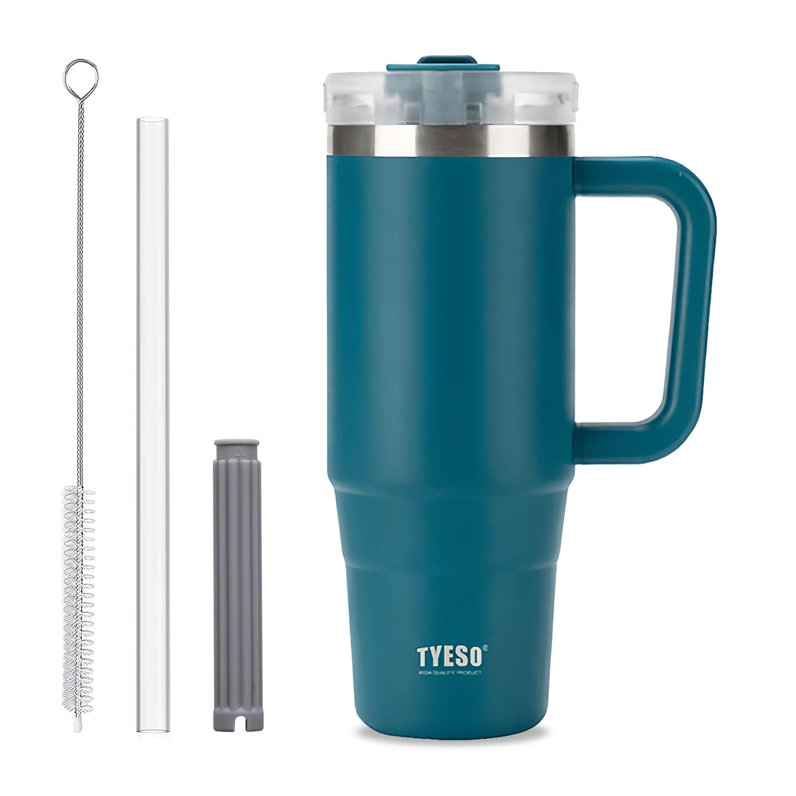 Taza de café de viaje con asa, vaso de 30 onzas con tapa con cerradura, botella de agua aislada al vacío de acero inoxidable con popote, a prueba de fugas y taza de viaje portátil para bebidas