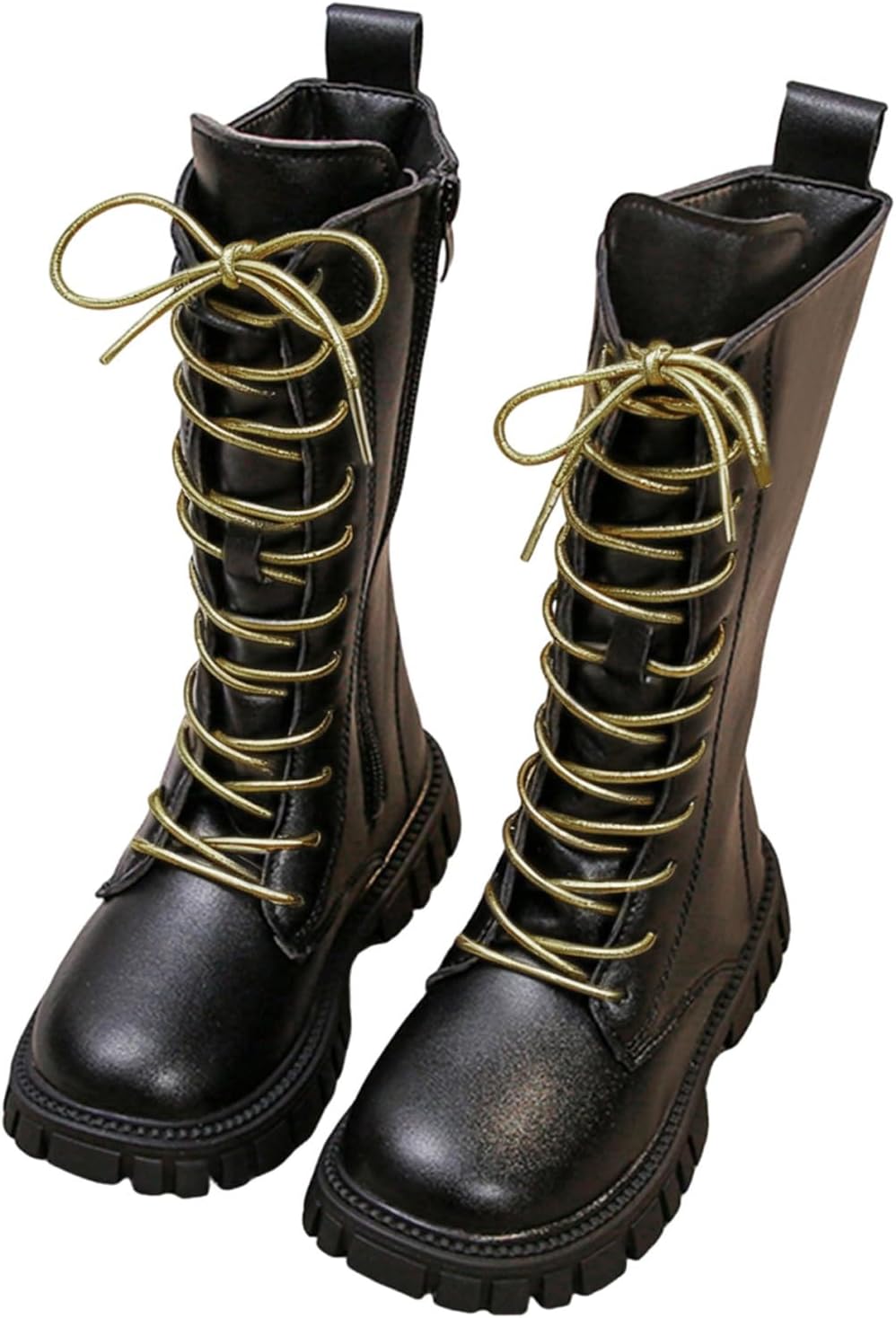 White Boots Girls Knee-High Boots Lace Up Riding Boot with Side Zippers School Shoes for Kids Mid Calf PU Leather Cowboy Boot Knee-High Bootie with Gold Laces Easy to Put On