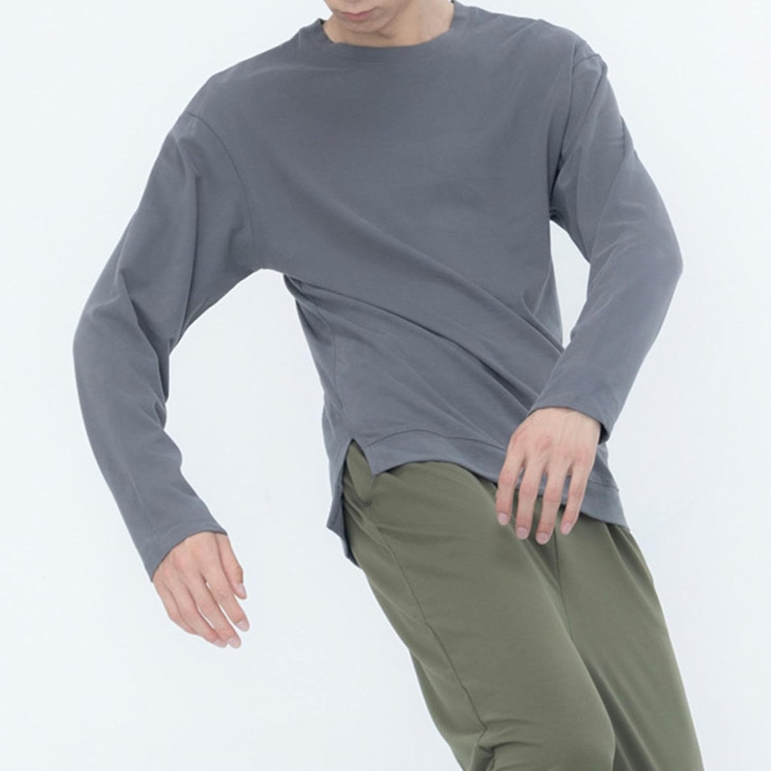 Mens Long-Sleeved Side Slit T Shirts Casual Solid Color Hip Hop Pullover Sweater Fashion Crewneck Tee Shirts