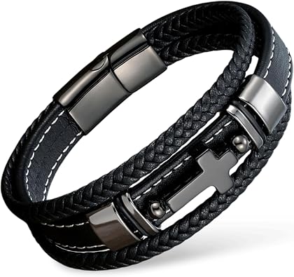 Mens Bracelet Cross Multilayer Black Braided Genuine Leather Bracelet for Men Christian Jewelry 316L Stainless Steel Clasp Religious Gift for Men