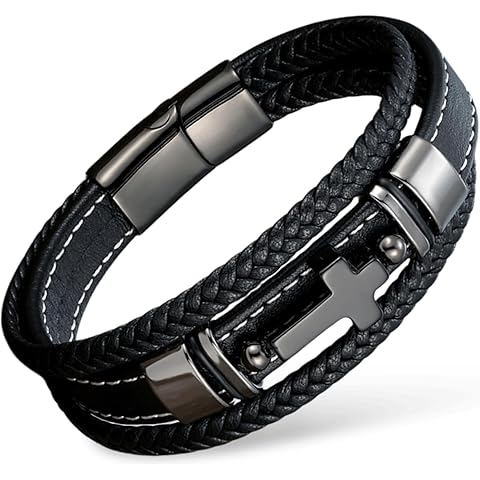 Cross Leather Bracelet for Men Black Braided Rope Christian Bracelet Stainless Stee...