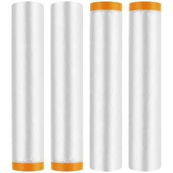 4 Rolls 10 x 66 Feet Plastic Sheeting, Painters Plastic Drop Cloths for Painting, Pre-Taped Masking Film Tape and Drape for Automotive Painting Covering, Furniture Floor Dustproof Cover
