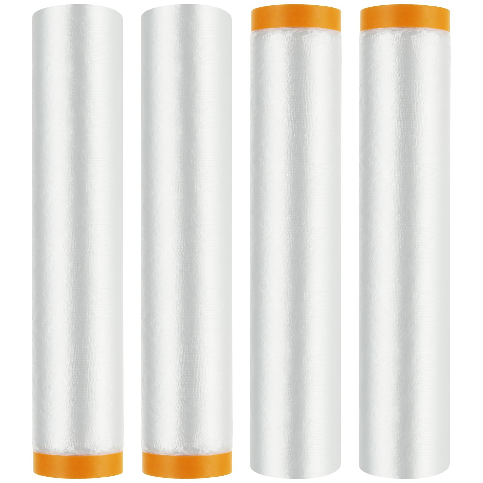 Lot de 4 rouleaux de film de masquage en plastique pré-collé avec ruban adhésif, ruban adhésif et tissu de chute, 2,4 m x 20 m
