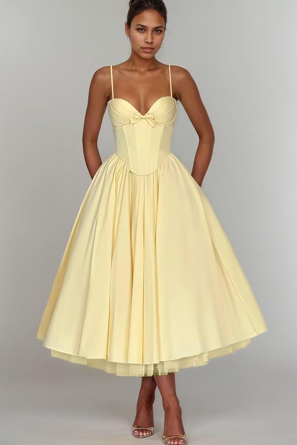 Satin Prom Dresses for Women Tea Length Spaghetti Strap Formal Evening Wedding Party Gown with Pockets - Image 6