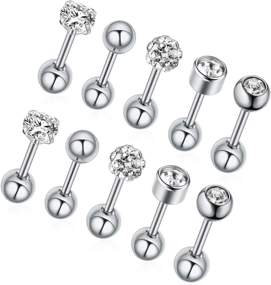 Stud Earrings Set 316L Stainless Steel Hypoallergenic Earrings for Women Men Girls Earrings 3-7mm Cubic Zirconia Earrings Tragus Cartilage Helix Lobel Ear Studs 20G,Pack of 5 Pairs