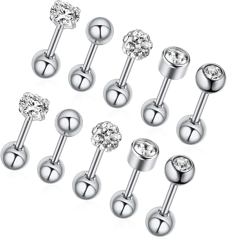 Stud Earrings Set 316L Stainless Steel Hypoallergenic Earrings for Women Men Earrings 3-7mm Cubic Zirconia Earrings Tragus Cartilage Helix Lobel Ear Studs 20G,Pack of 5 Pairs