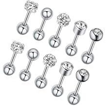 Gabry&jwl 10pcs 18G 316L Stainless Steel Barbell Ball Stud Earrings for Women Men Ear Studs Tragus Cartilage Helix Robell CZ Earrings Fake Ear Plugs Piercing Jewelry 5 Styles