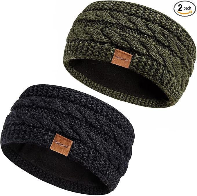 Winter Headbands for Women Wool 2 Pack, Ear Warmers for Women Headband Knit Thick Fleece Lined, Cold Weather Warm Ear Muffs(Black+Army) - Image 2