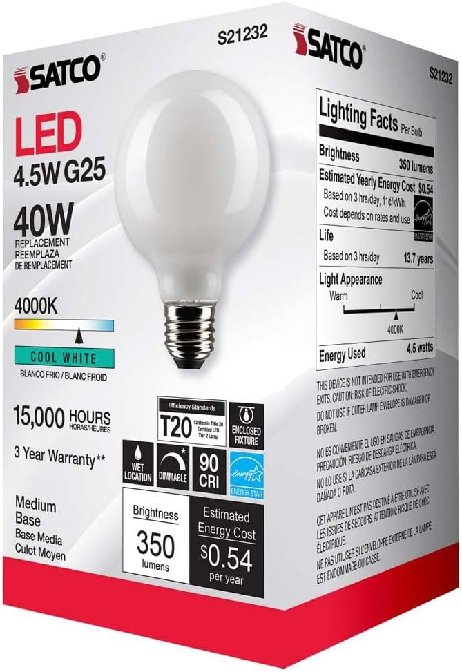 Satco S21232 4.5W LED G25 Globe Light Bulbs, White, Cool White 4000K, 120V - 6 Pack