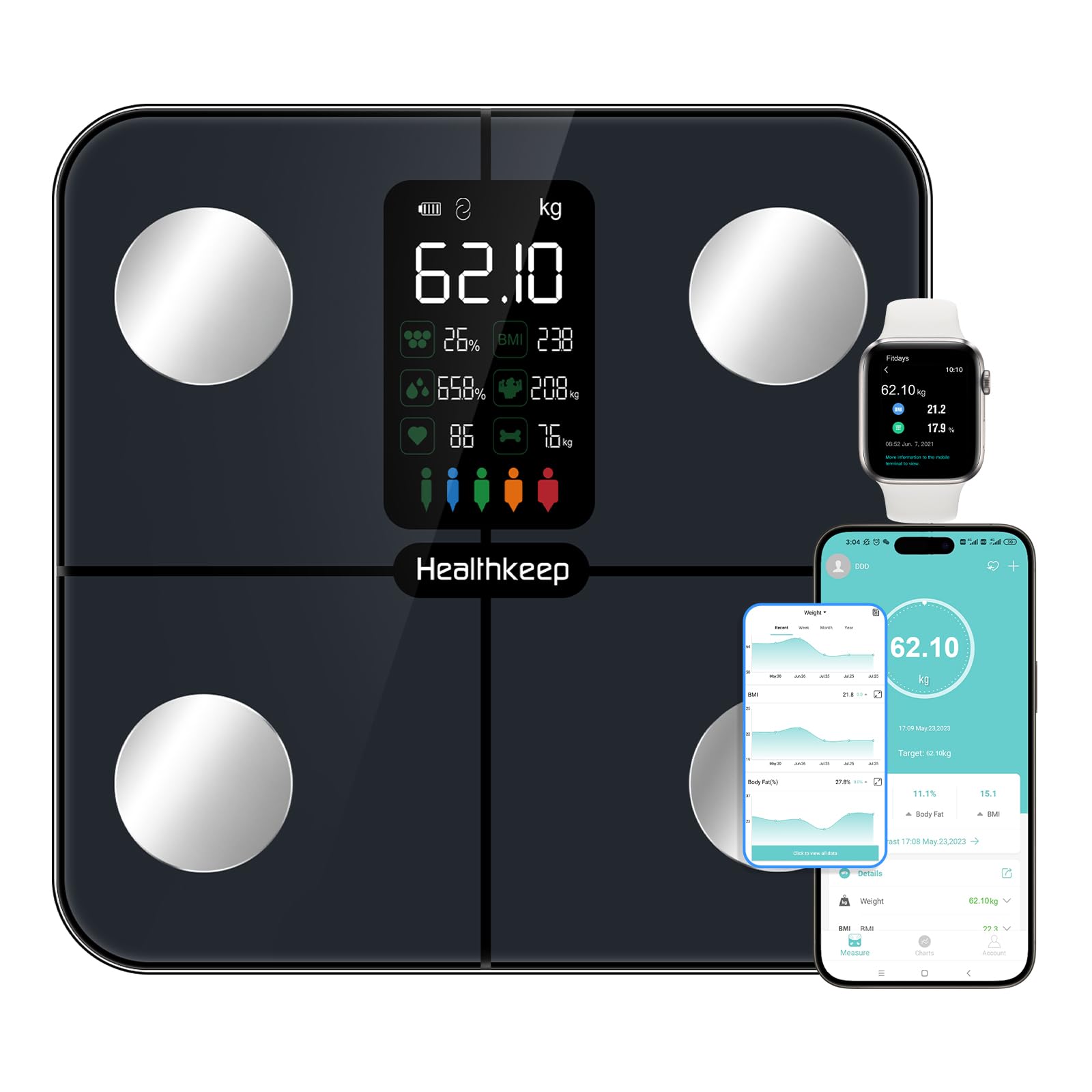 Báscula Grasa Corporal Báscula de Baño Digital, Balanza Bluetooth Inteligente con Análisis (pantalla grande)