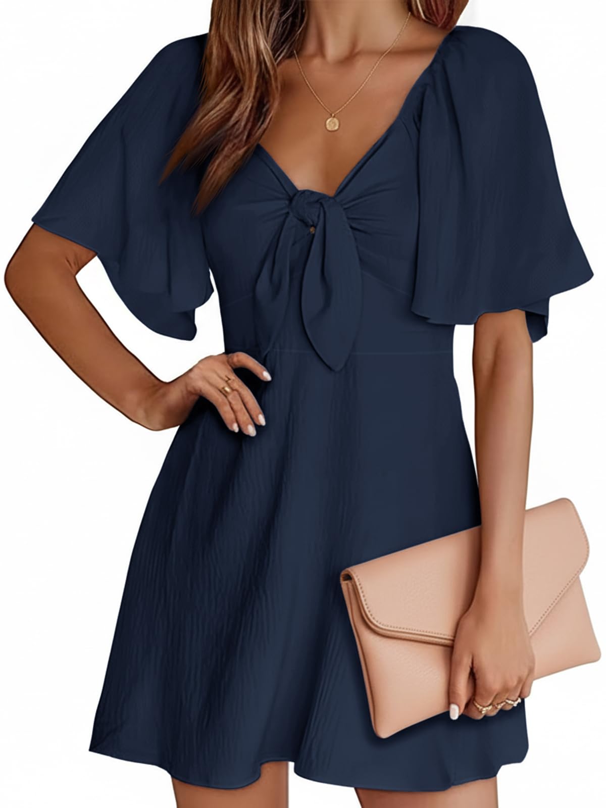 Cicy Bell Robe d'été pour femme - Col en V - Mini robe de cocktail élégante - Cravate à l'avant - Manches flottantes