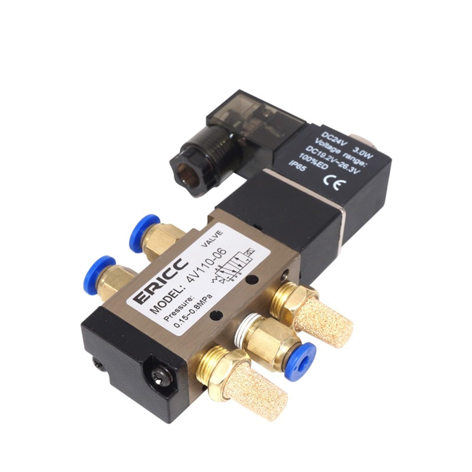 4V110-06 - Electroválvula neumática de 5 vías, 2 posiciones, gas, neumática, eléctrica, solenoide, 12 V, 24 V, 220 V, bobina, voltios, 4 mm, 6 mm, manguera de 8 mm (4V110-06 AC220V, con accesorios de