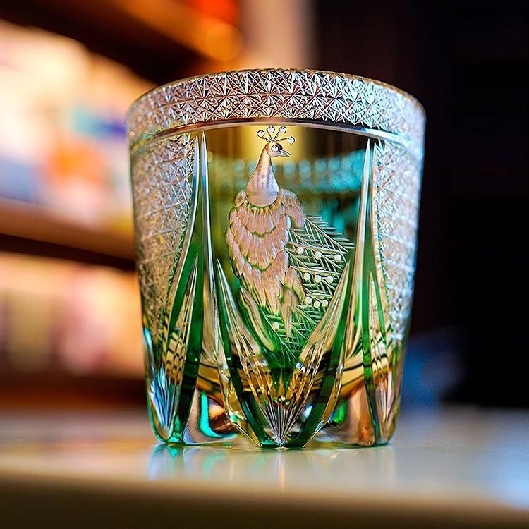 Edo Kiriko Wine Glass Japanese style Hand Blown Glasses 320ml Translucent For Whiskey-Cocktail-Vodka-Beer Drinkingware Glasses Crystal Whiskey With Gift Box (Green)