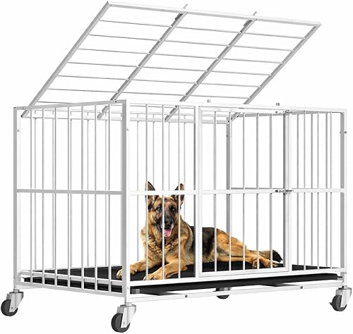 Jaula de acero resistente para perros de 48 pulgadas, a prueba de escape, para interiores, doble puerta, alta ansiedad, bandeja extraíble, perrera