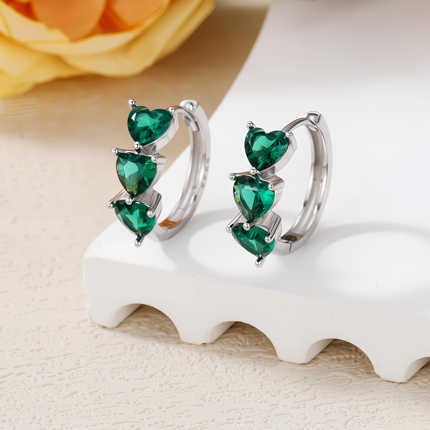 925 Sterling Silver Created Emerald Hoop Earrings for Women Heart Cut May Birthstone Huggie Earrings