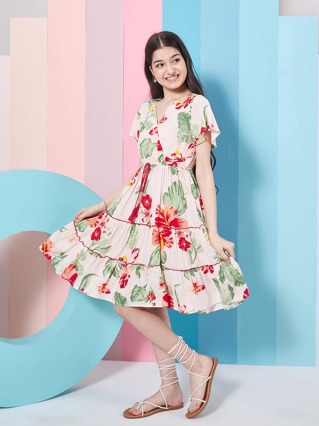 Pspeaches Vestido de manga acampanada con estampado floral para niña, ajuste escalonado y acampanado, ropa casual, elegante y a la moda