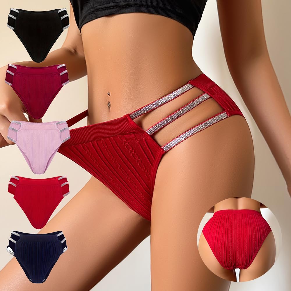 JUNELLA 5 Pcs Shiny Waistband Women's Low Rise Panties, Ribbed Cotton, Multicolour Sexy Hollow Out Hipster Panties - Image 5