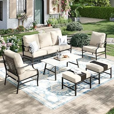 MIXPATIO 6-Piece Patio Conversation Set, Coffee Table, 2 Ottomans, Beige