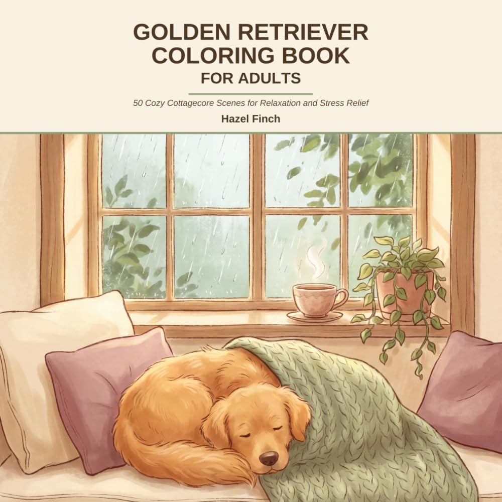 Golden Retriever Coloring Book for Adults: 50 Cozy Cottagecore Scenes for Relaxation and Stress Relief, A Gift for Golden Retriever Lovers and Dog Owners
