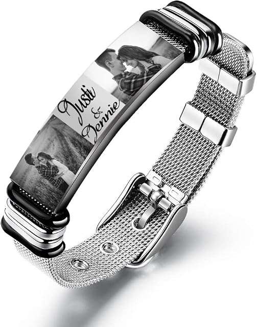 Wamantic Personalised Bracelet for Men Customised Photo Link Bracelet Personalised Engraved Name Link Bracelet Gift for Son Father Boyfriend