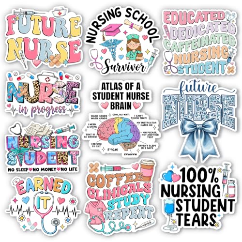 HOSALA (10Pcs-3in) Future Nurse Sticker Pack, ER Nurse RN Certified Nursing Assistant CNA Sticker, Med School Nursing Student Gift For Women, Decor For Laptop Tablet Water Bottle Office Helmet Vehicle