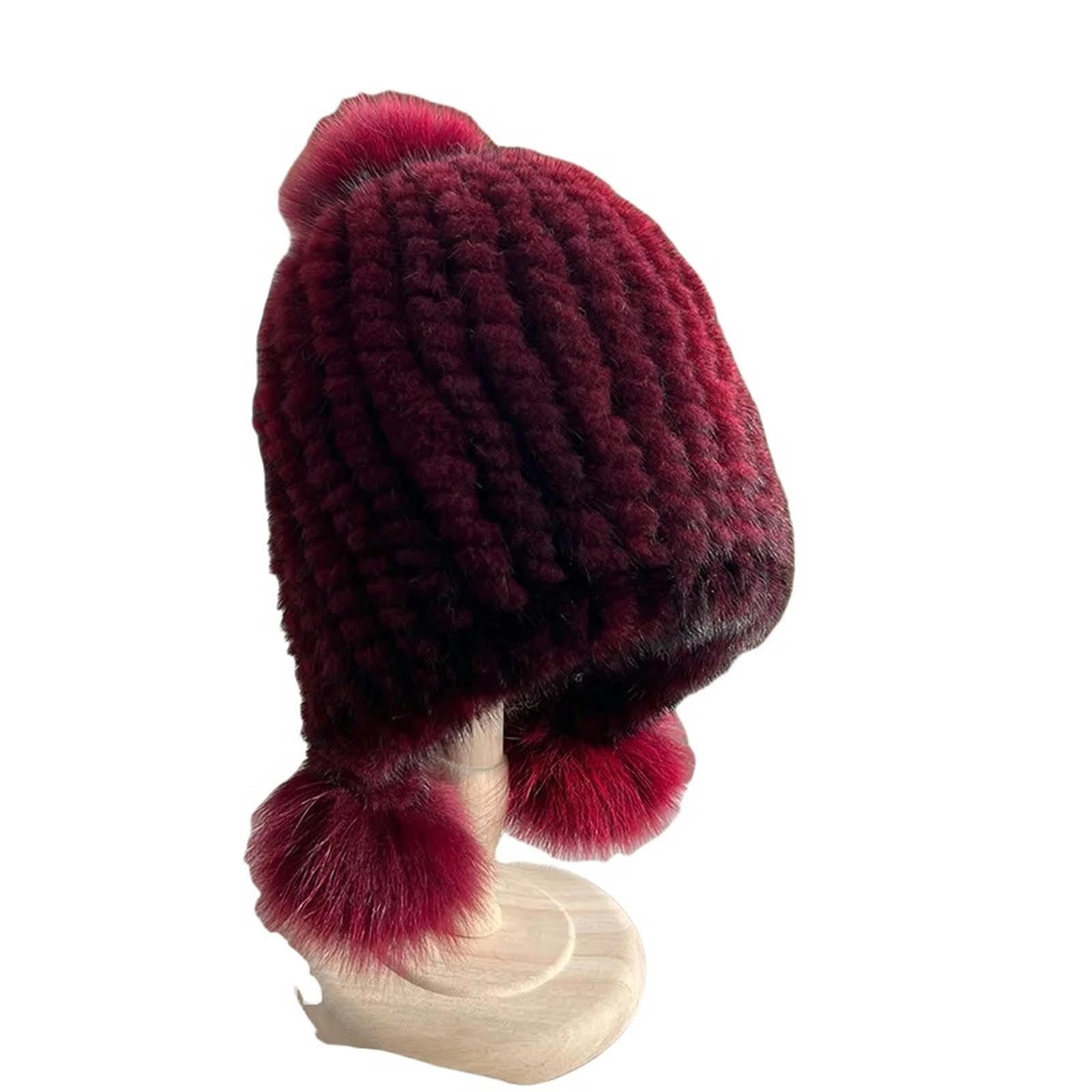 Kapelusz typu bucket kapelusz dla kobiet dzianinowy futrzany ucho ciepła czapka spiralna czapka z futrzanym pomponem na górze, czerwony (wine red), Good elastic