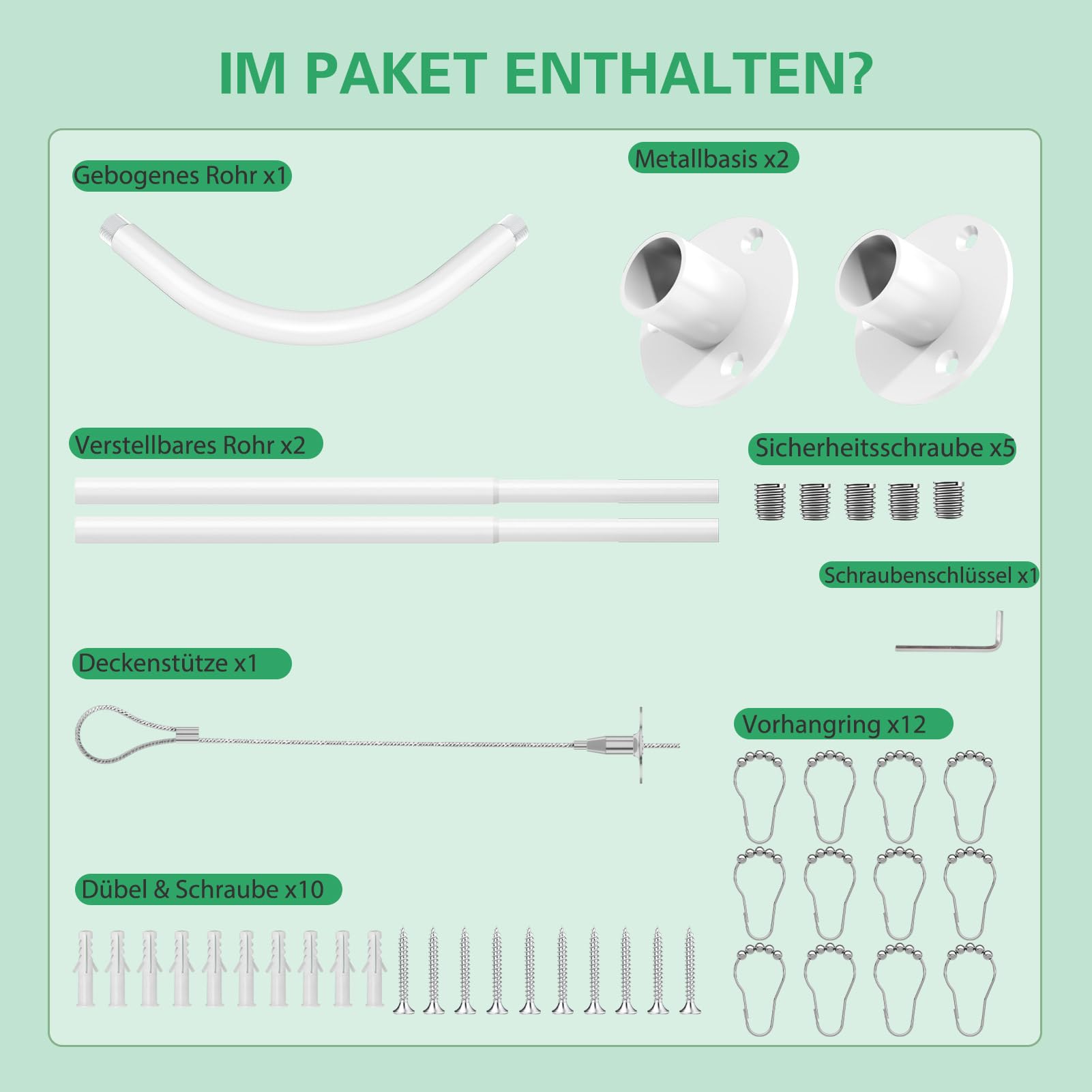 Duschvorhangstange L Form, (60-93cm) × (60-93cm) Verstellbare Weiß Duschstange L Form, Duschstange Ecke mit 12 Ringen & Deckenstütze für Badezimmer, Bohren Erforderlich