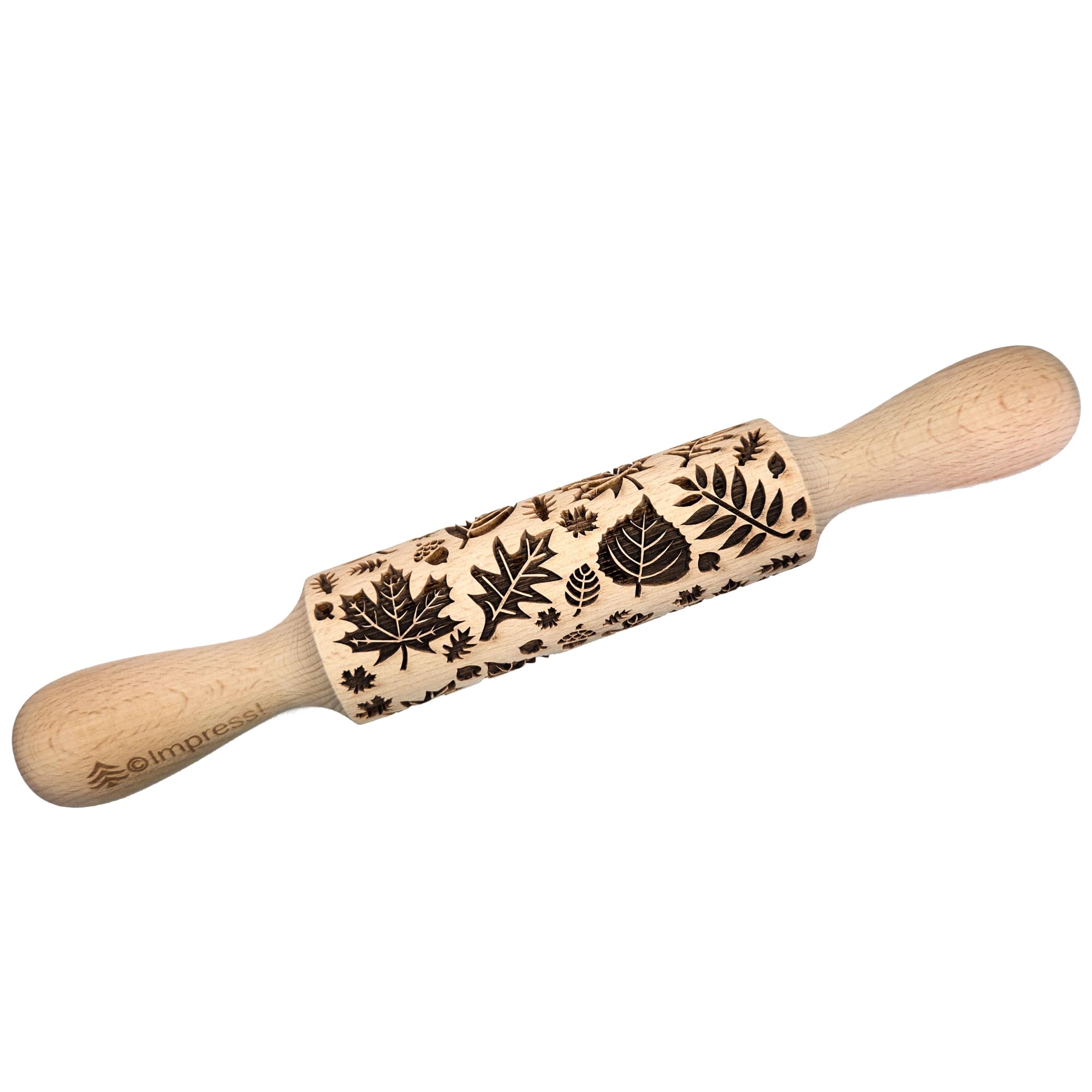 Impress Bakeware – Embossed Rolling Pin with Large Fall Leaves Pattern, Beech Wood, Laser-Engraved for Crisp Designs, Use with Dough, Soap, Clay & More, 13