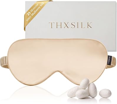 THXSILK Silk Sleep Eye Mask with Elastic Strap 25 Momme, Extremely Soft & Smooth, Blindfold for Full Night Sleep, Travel, Nap Champagne