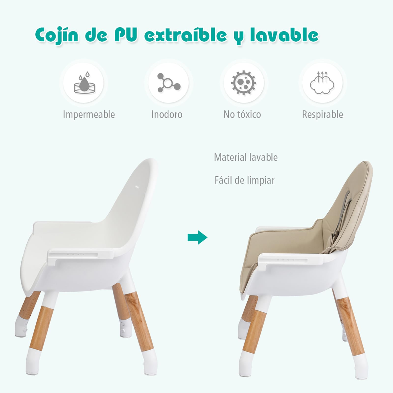 COSTWAY Trona para Bebé con Altura Ajustable, Silla Alta para Comer con Cinturón de Seguridad y Bandeja Extraíble, Trona Portátil Evolutiva Bebé (sin Tablero de Bloques, Caqui)