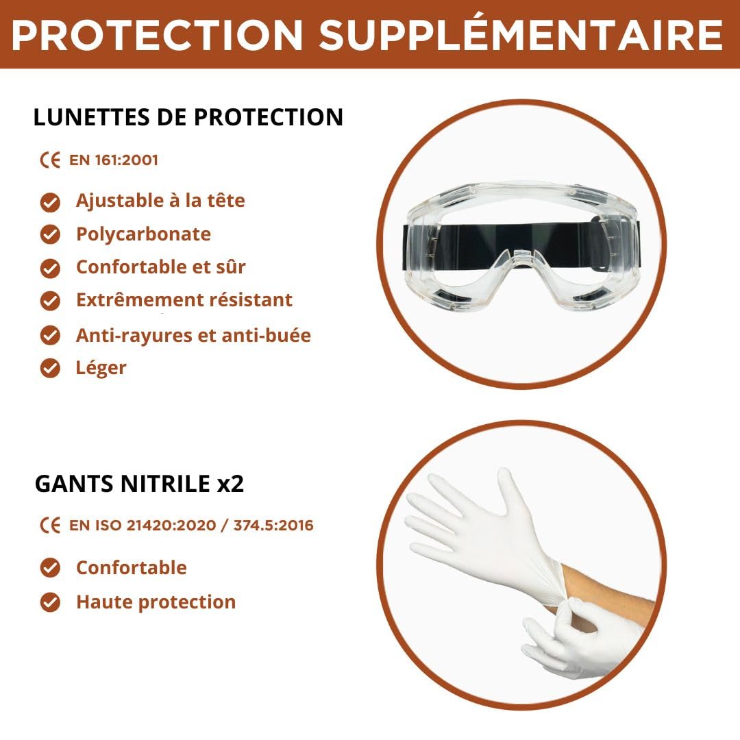 RHINO Smart Solutions Masque Peinture A1 Protection Respiratoire Réutilisable Anti Poussiere, Gaz, Chimique, Resine Epoxy, Travaux du Bricolage | Avec Filtres en Coton, Lunettes de Sécurité, Gants