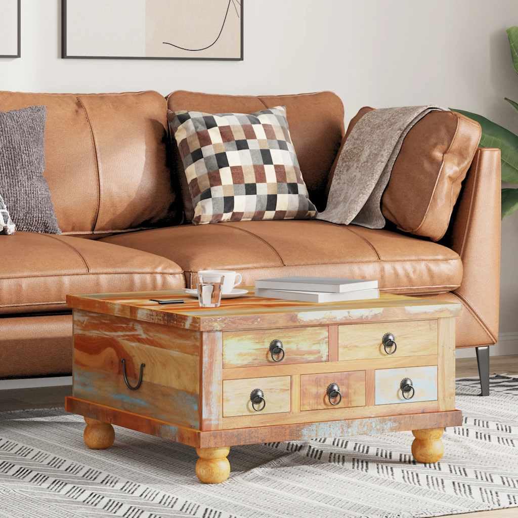 Générique Vintage przemysłowy stolik kawowy z odzyskiwanego drewna 70x70x38 cm, stolik pomocniczy z 5 szufladami i komorą wewnętrzną, ręcznie wykonany z drewna tekowego z drewna akacjowego, styl