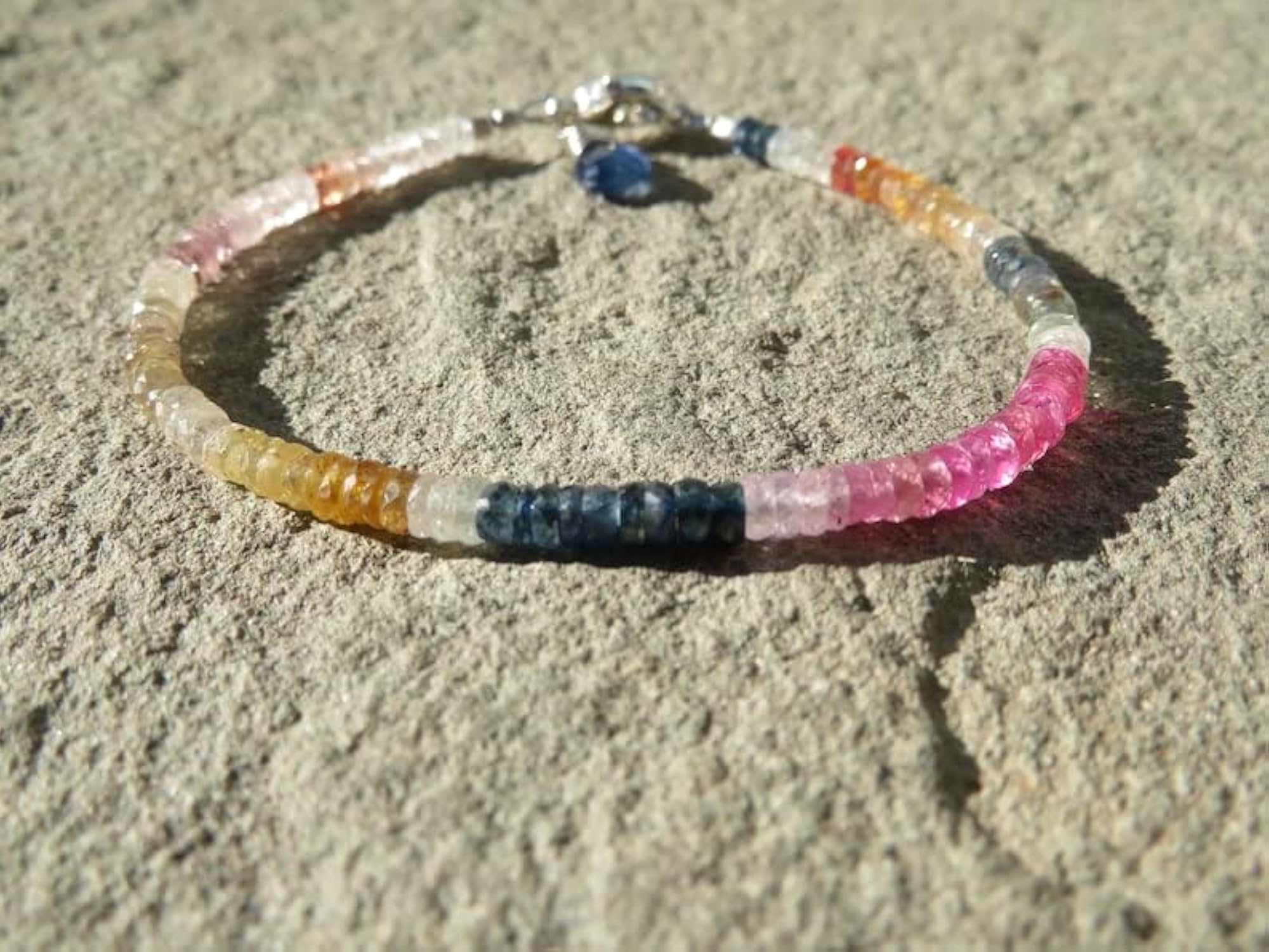 Unisex Multi Sapphire Rondelle Beaded Bracelet, Adjustable Link