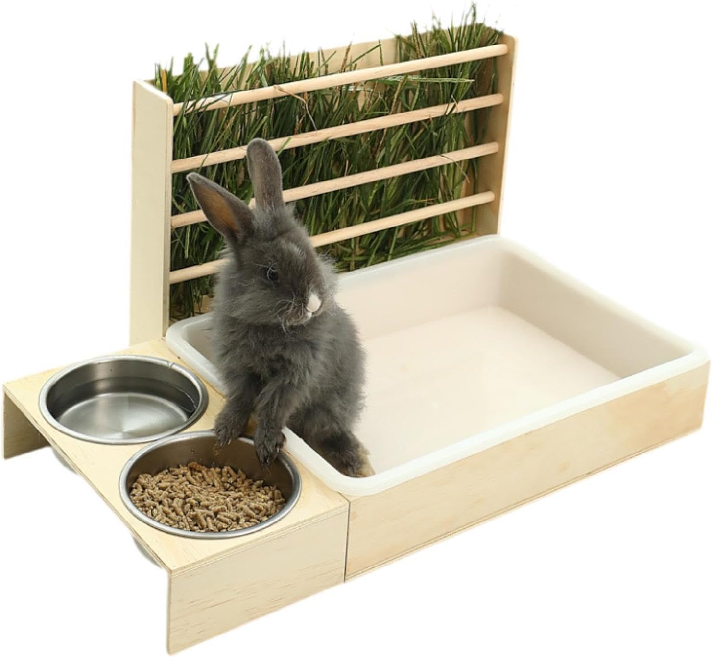 Generic Wooden Bunny Hay Feeder Small Animal Hay Holder with Box Treat Dispenser Hideout Litter Box Rabbit Feeder Toilet for Gerbil