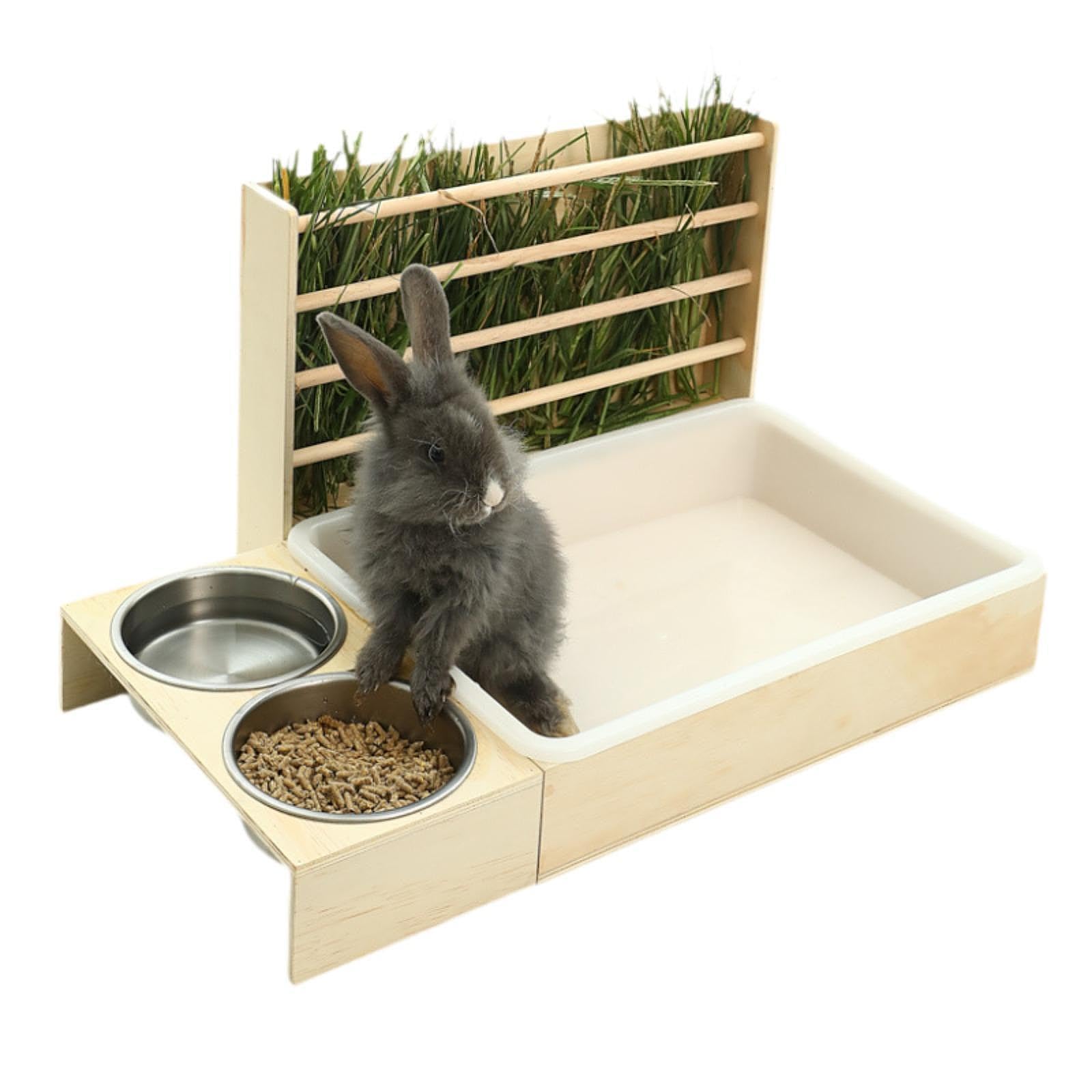 LOVIVER Mangeoire à Foin en Bois pour Lapin, bac à litière, Jouet d'enrichissement, Distributeur de friandises, mangeoire pour Lapin, Toilettes, Porte-Foin