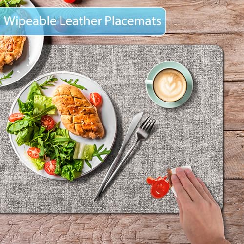 Placemats Set of 12 Washable, Heat Resistant Table Placemats Wipeable Faux Leather Place Mats Non Slip, Waterproof Square Table Mats for Indoor Outdoor, Light Grey