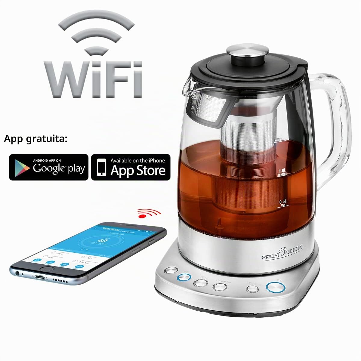 ProfiCook PC-WKS 1167 G, bollitore 2 in 1 con controllo WiFi, app gratuita, regolazione della temperatura programmabile, struttura in vetro/acciaio inox, 1,5 litri