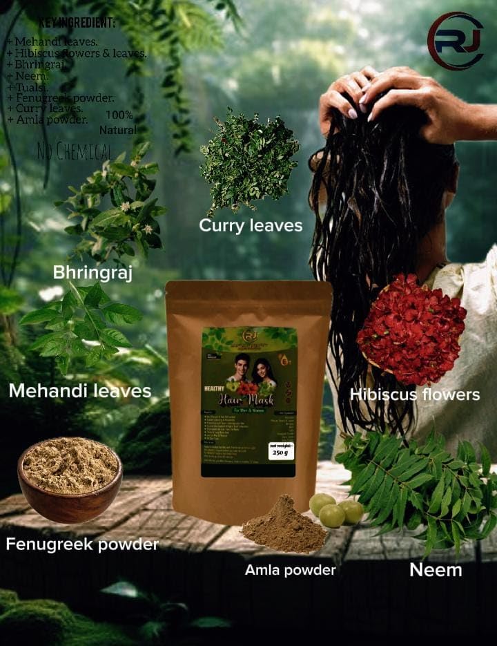 Image of Healthy hair mask Especially dandruff control /Hair fall control & fight Scalf Infections /strong hair roots /Coverage grey hair /thick and long hair Use full for Men /women /children -paraben free /100%pureNatural& organic 250gr All Hair type monthly 3 times Healthy hair mask with in more ingredientsnts