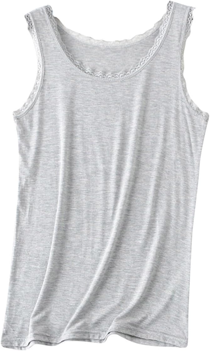 Women's Round Neck Lace-Panel Sleeveless Vest Stretch Solid Color Tank Tops Lightweight Casual T-Shirt Soft Breathable Cotton Camisole