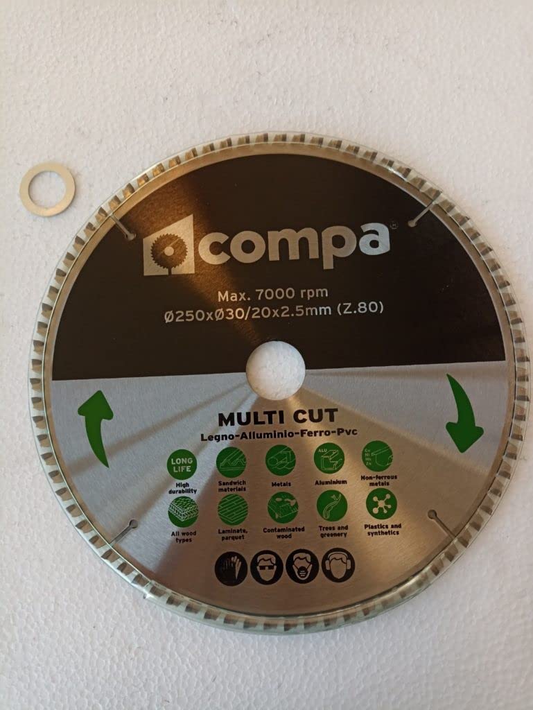 0242AZ48M-CUT COMPA DISCO TRONCATRICE 250MM 80DENTI FORO 30MM LAMA SEGA CIRCOLARE TAGLIO LEGNO FERRO ALLUMINIO PVC RICAMBIO UNIVERSALE