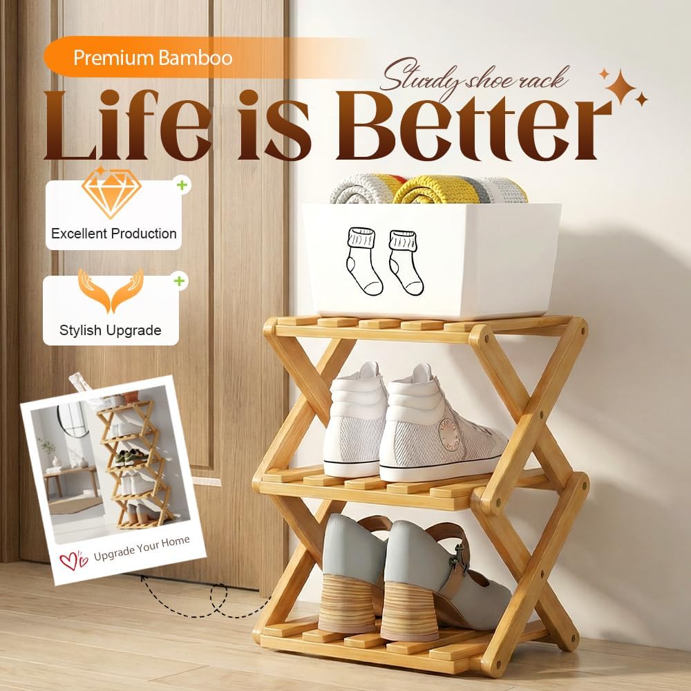 The 6-Tier No-Assembly Bamboo Rack, 2026 New Foldable Shoe Shelf, Durable Multi-Tier Shoe Rack for Entryway, Compact Bamboo Shoe Organizer for Home (Yellow, 6 Layers)