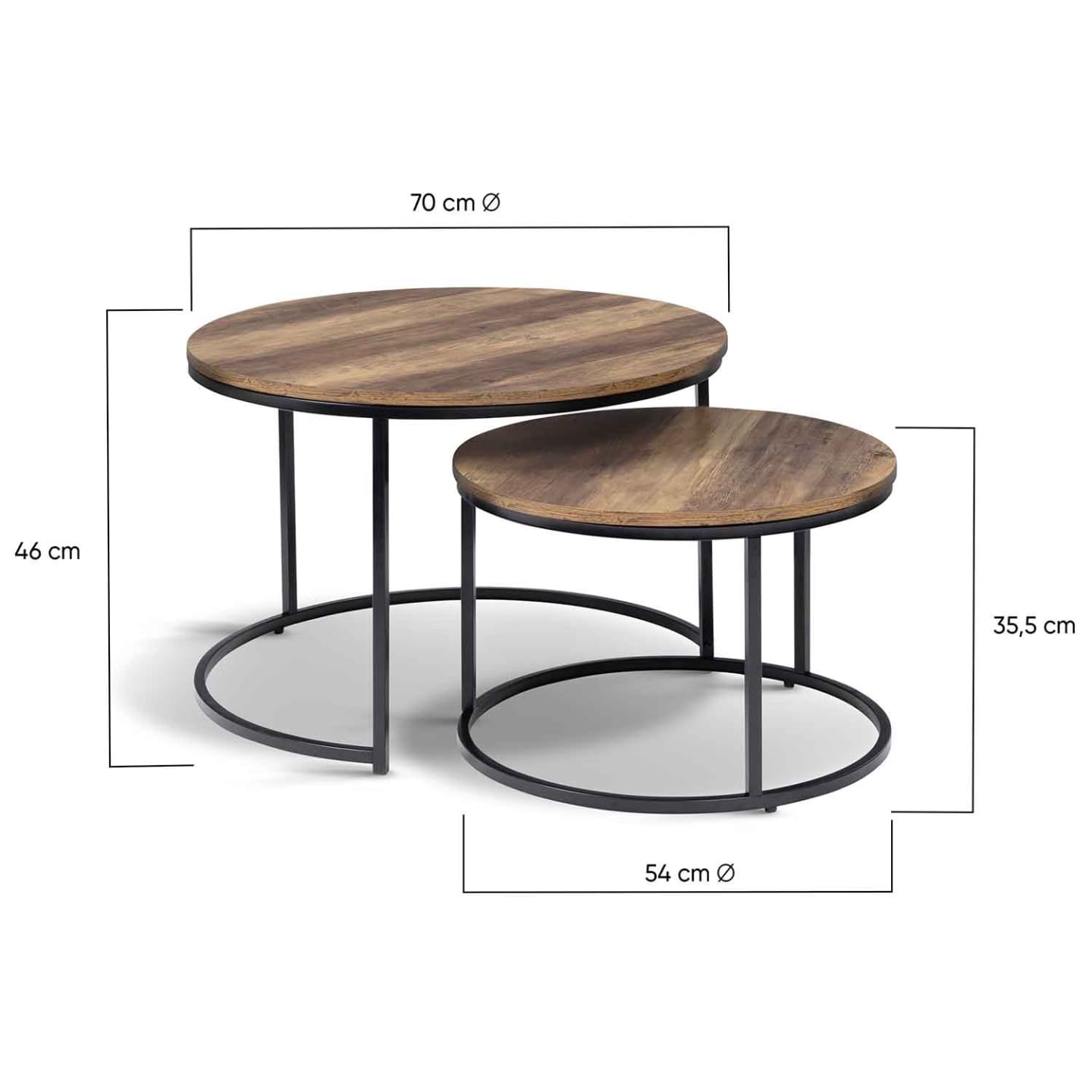 IDMarket - Lot de 2 Tables Basses gigognes Hawkins Rondes 54/70 Bois foncé Design Industriel