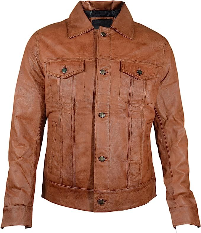 Vintage Slim Fit Trucker Leather Jacket - Genuine Lambskin - Classic Man Leather Jacket