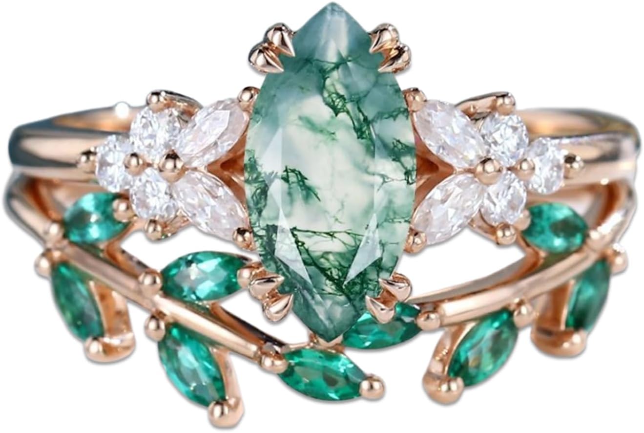 10K 14K 18K Real Gold 2CT Natural Moss Agate Engagement Ring Set Marquise Shape Moss Agate Wedding Ring Set for Women Bridal Rings Set Size 4-12