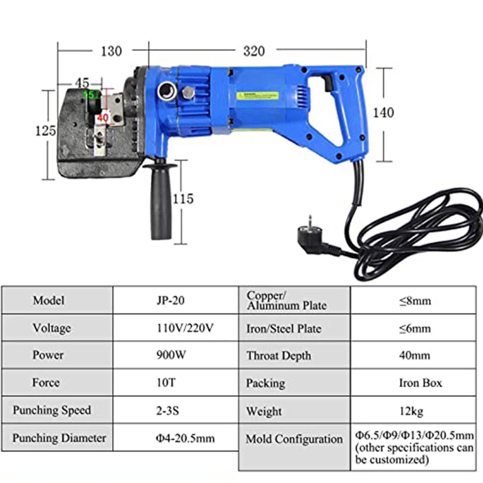 1300W Punzonatrice Idraulica Punzonatrice Idraulica Elettrica Metallo Foro Scavatrice Punzonatrice per Ferro Rame Piastra in Alluminio Angolo Acciaio Canale Acciaio con 5 Matrici,Anglesteel