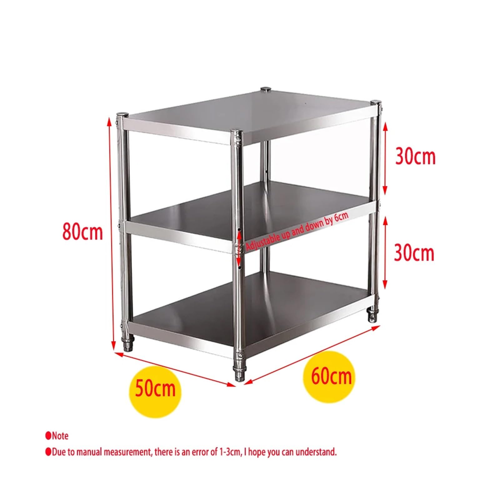 Scaffale da cucina a 3 ripiani in acciaio inox, versatile, tavolo da lavoro per garage, ristorante e casa (60 x 50 x 80 cm)
