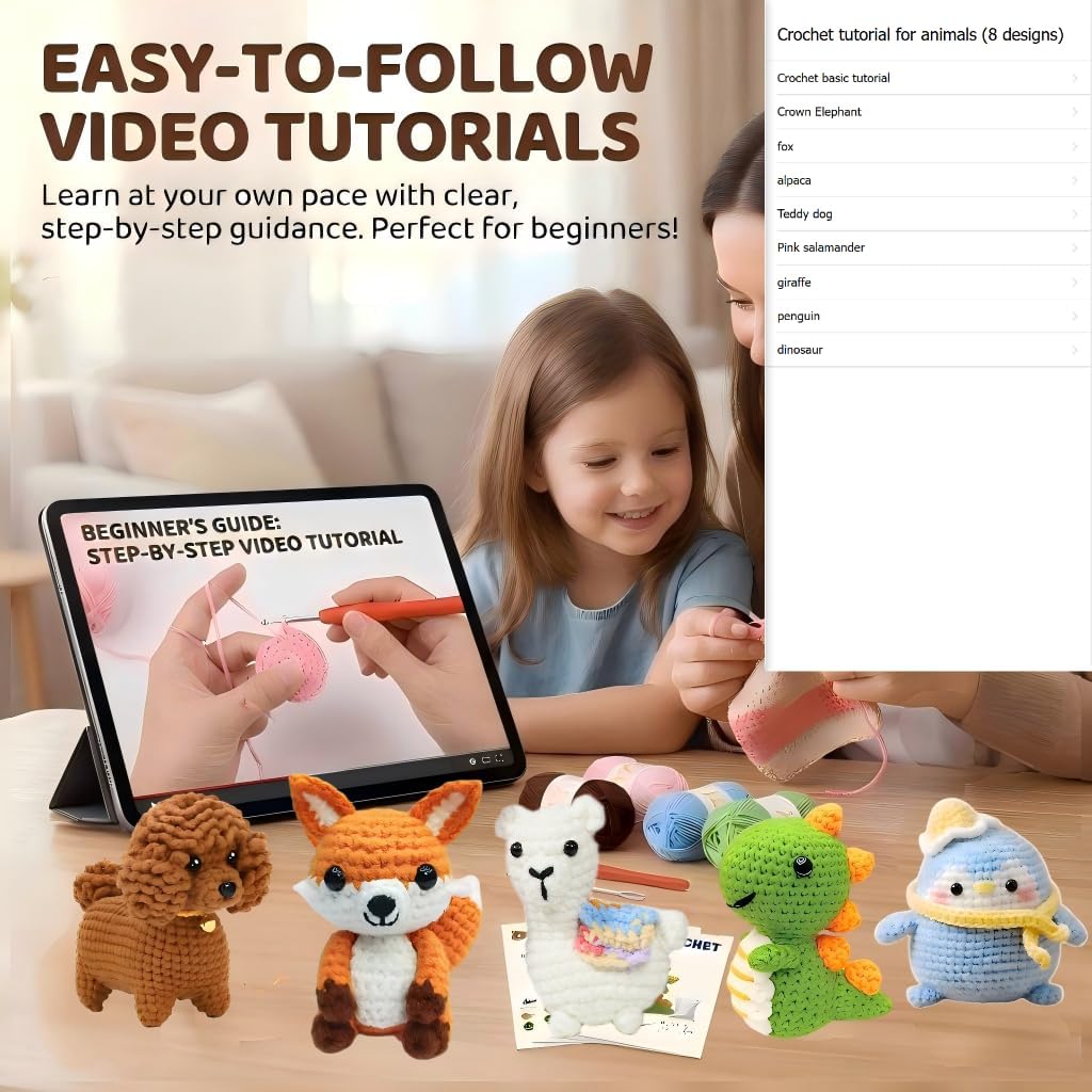 LeRoWen Mother’s Day Gifts for Mom Women Grandma – 8-in-1 Animal Crochet Kit for Beginners, DIY Amigurumi Craft Set with Yarn, Hooks & Step-by-Step Video Tutorials