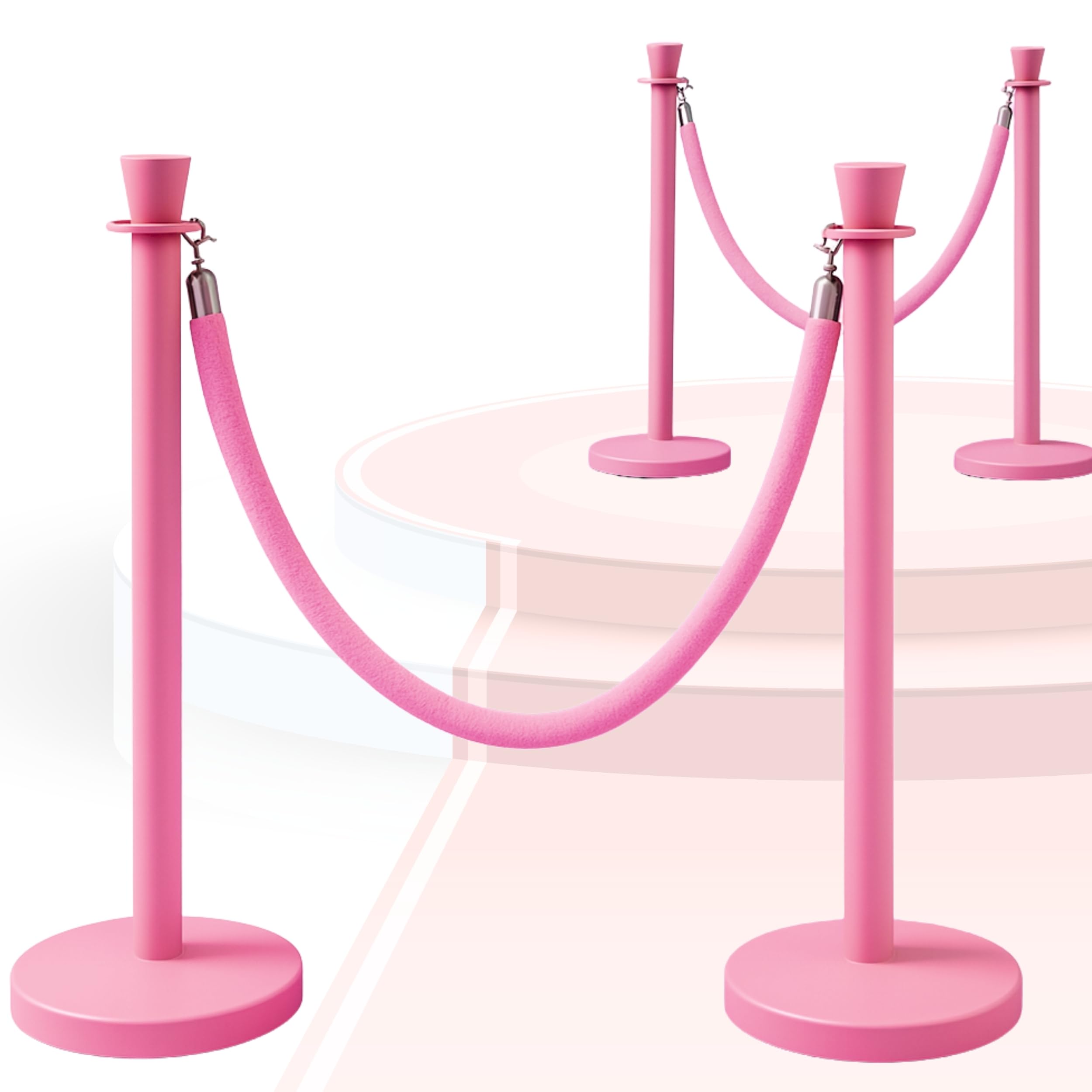 Velvet Pink Stanchion Set – 4 Stanchion Posts and 2 Pink Ropes Crowd Control Rope Safety Barriers Kit for Events Weddings Red Carpet Poles Ropes Set