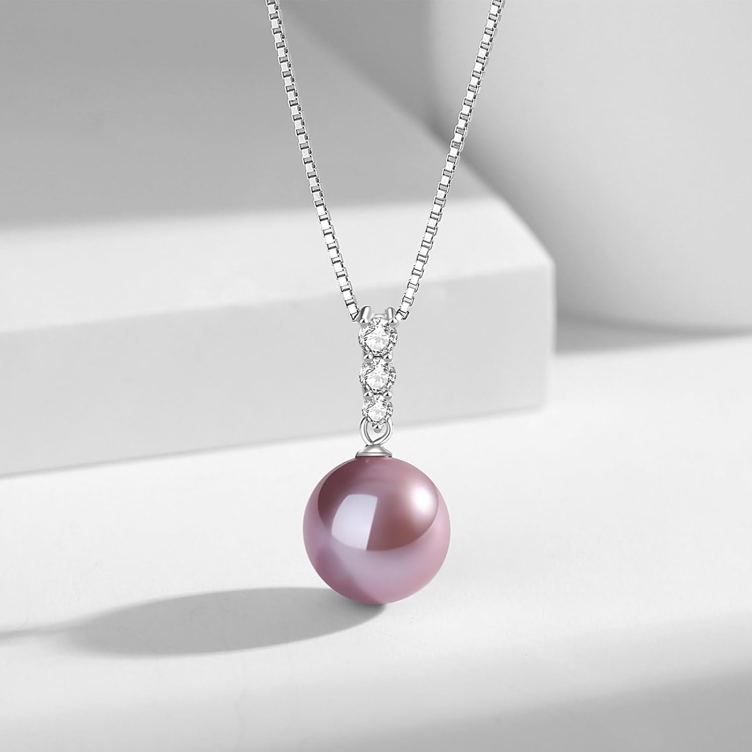 YAMI Edison Freshwater Pearl Pendant Necklace, 12-13mm Cultured Round Purple Pearls, 925 Sterling Silver with 18+2IN Adjustable Chain, Elegant Jewelry Gift for Women, Three CZ Diamonds Accent